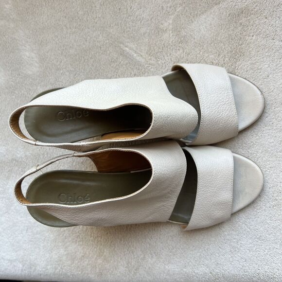 Chloe Estel Tan Leather Wedge Slingback Sandals Gold Accent Women’s EU 38 US 7.5 - Picture 7 of 16